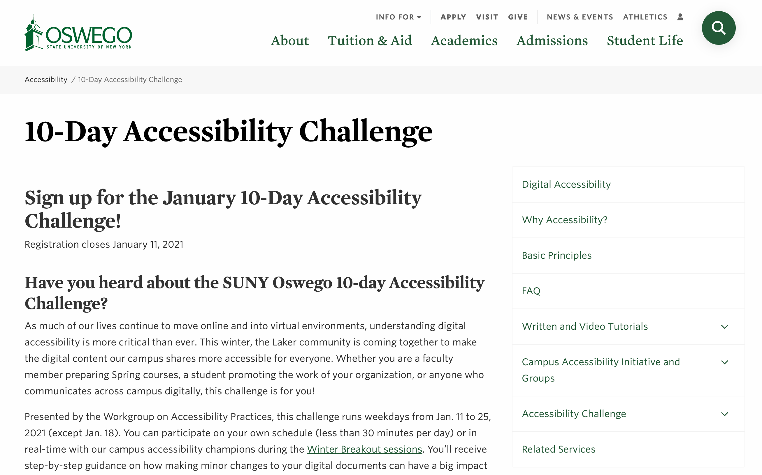 10-day Accessibility challenge SUNY Oswego