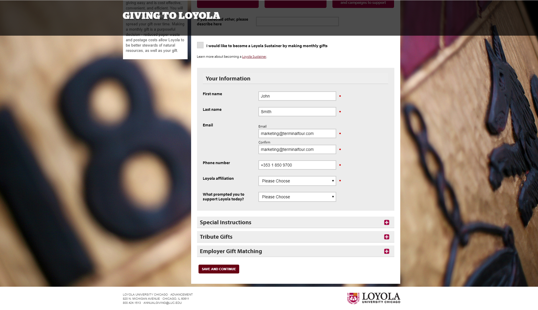 Image of a form on Loyola University's website