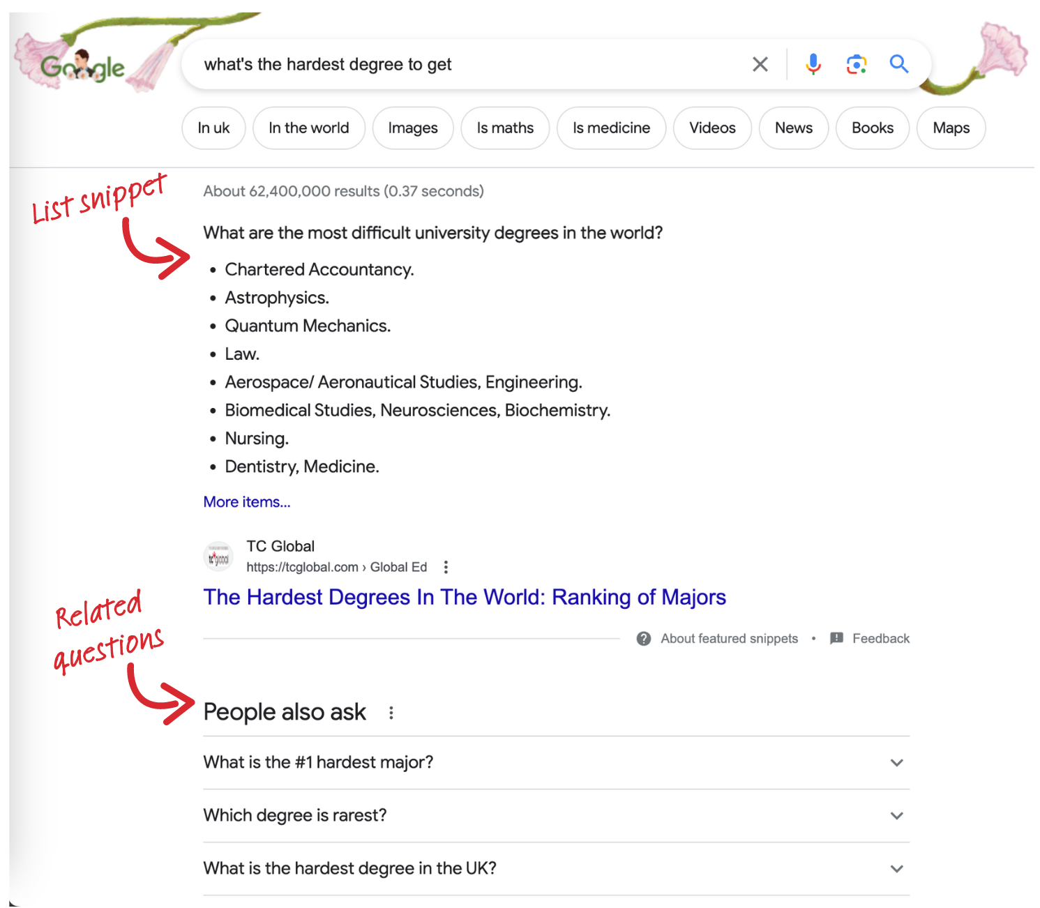 People also asked Google snippet for higher education