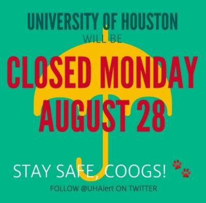 Animation of yellow umbrella on green background with the text saying 'University of Houston will be closed Monday August 28'