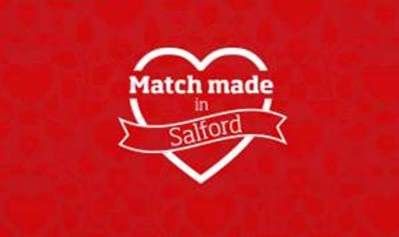 Red background with image of a heart outline with text 'Made made in Salford'