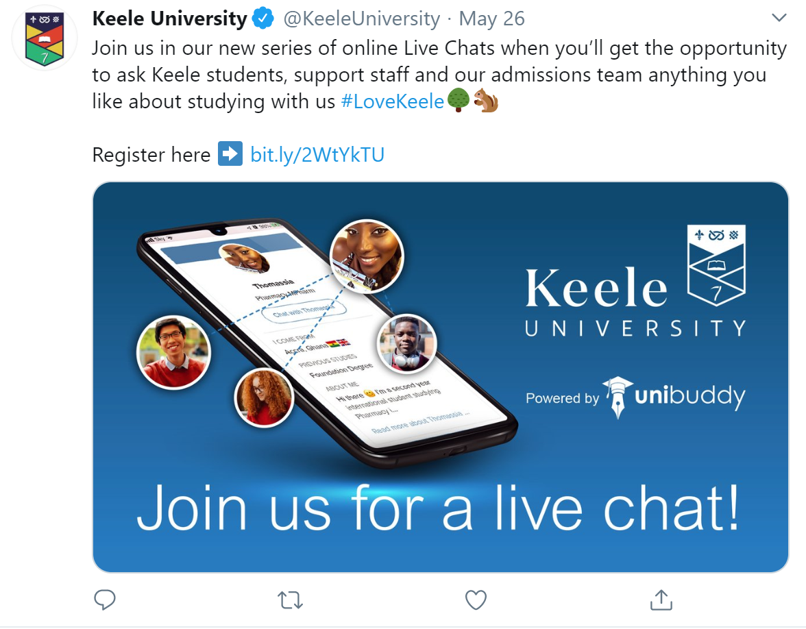 screen shot from Keele University twitter that give details for online chat options