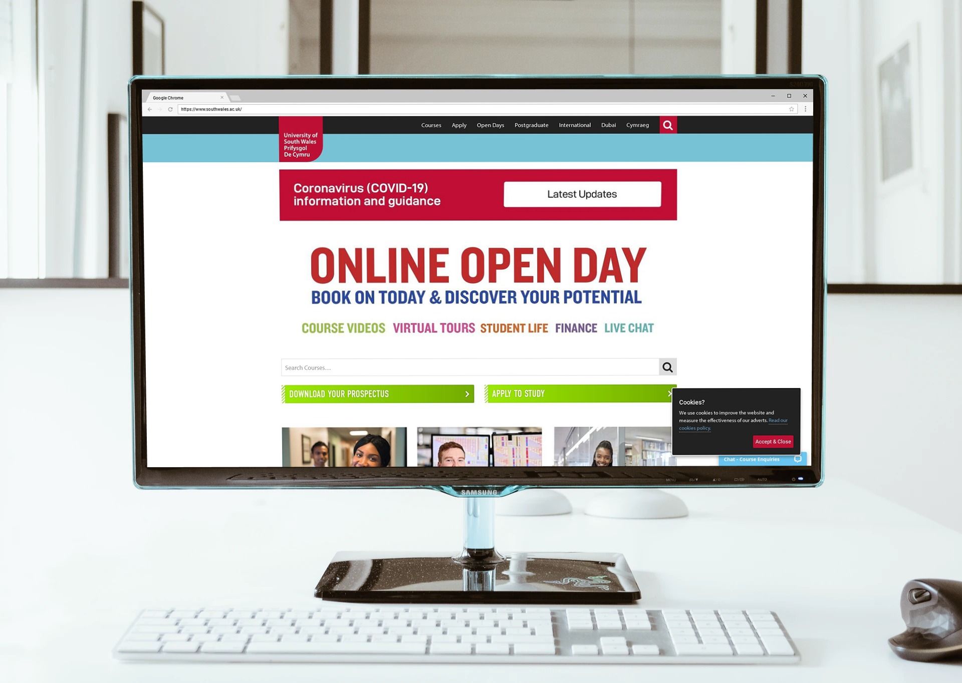 image of desktop screen, open on the university of south wales homepage. it features information on virtual open days at the university