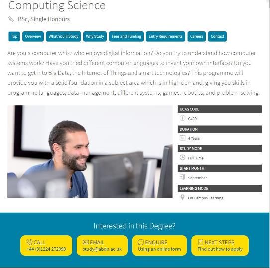 Screenshot of University of Aberdeen website  
