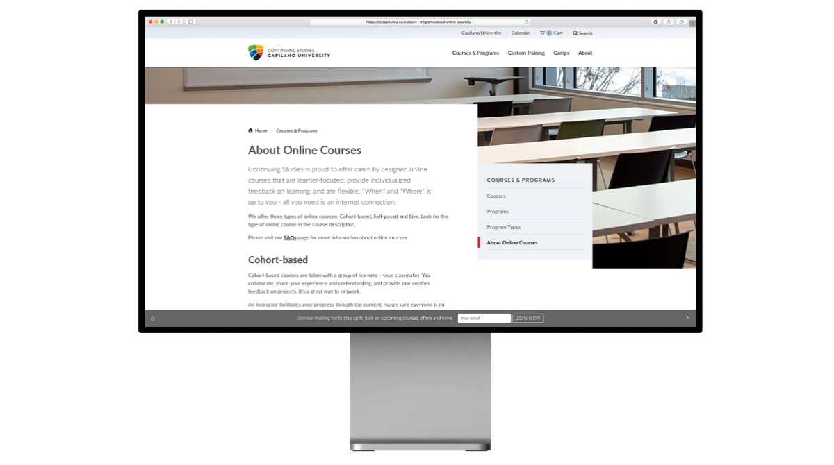 Image of Capilano online informational page on a desktop screen