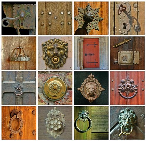 A grid image with 16 images of ornate door knobs