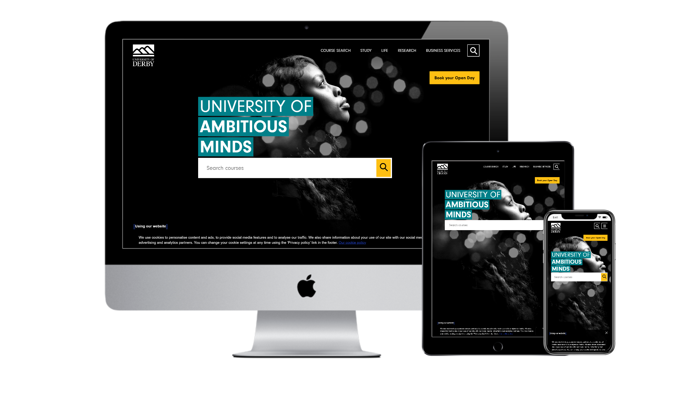 Derby University homepage displayed on multiple devices