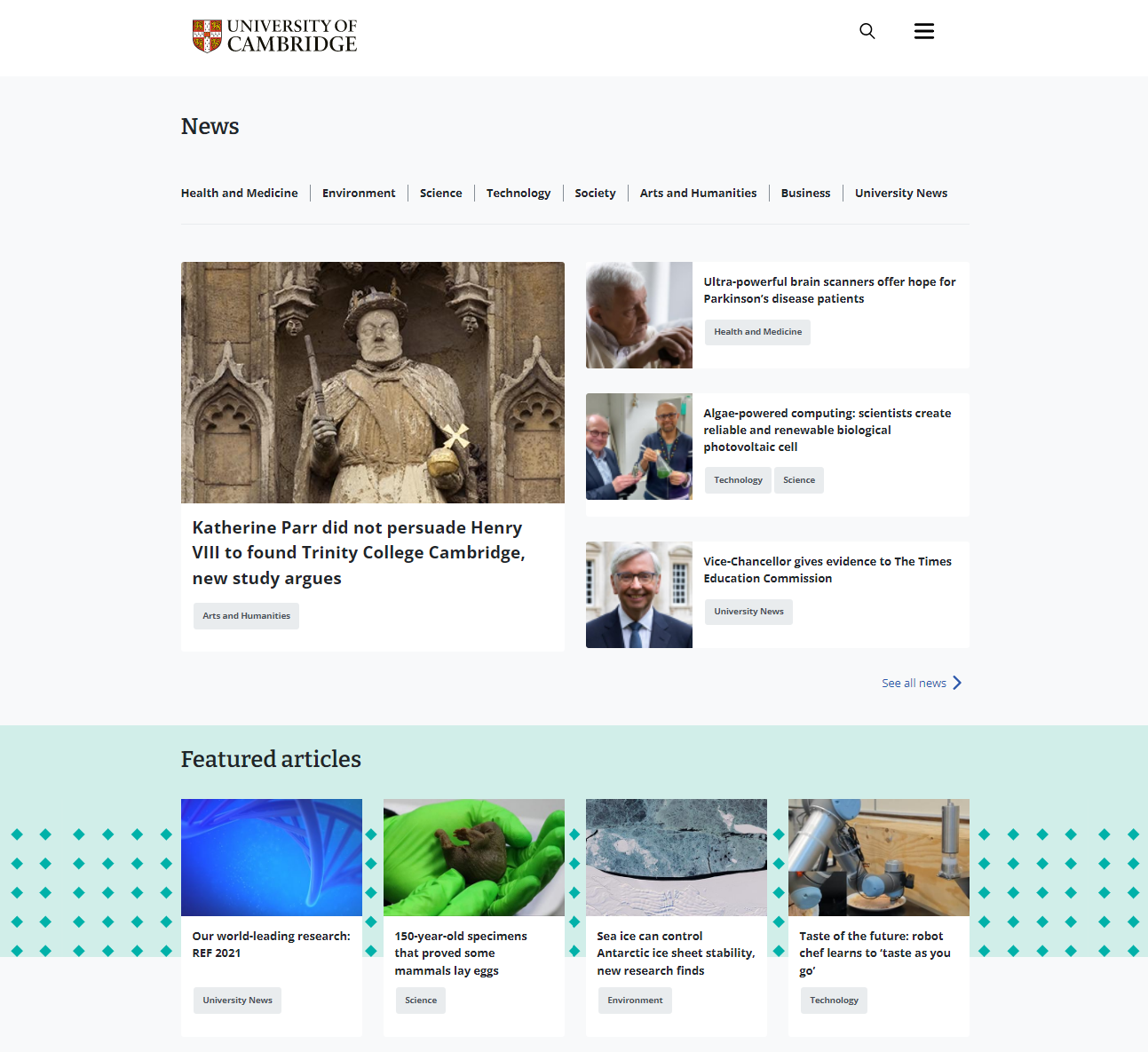 great university home page designs - Cambridge University