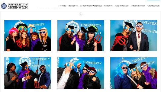 6 pics of the University of Greenwich's graduation with students using a photobooth 