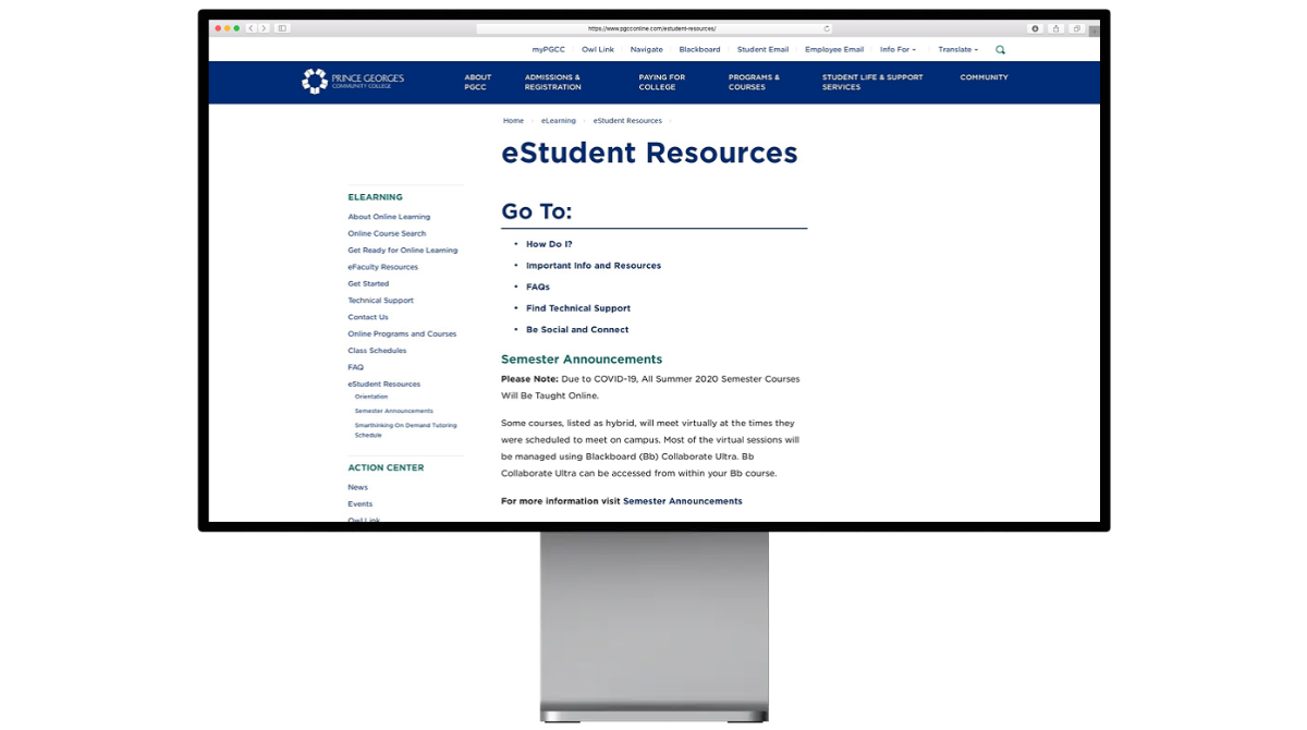 screen shot of Prince George CC e learning homepage on a computer screen