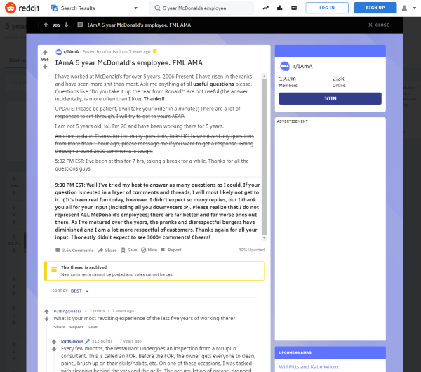 Reddit McDonalds AMA Screenshot