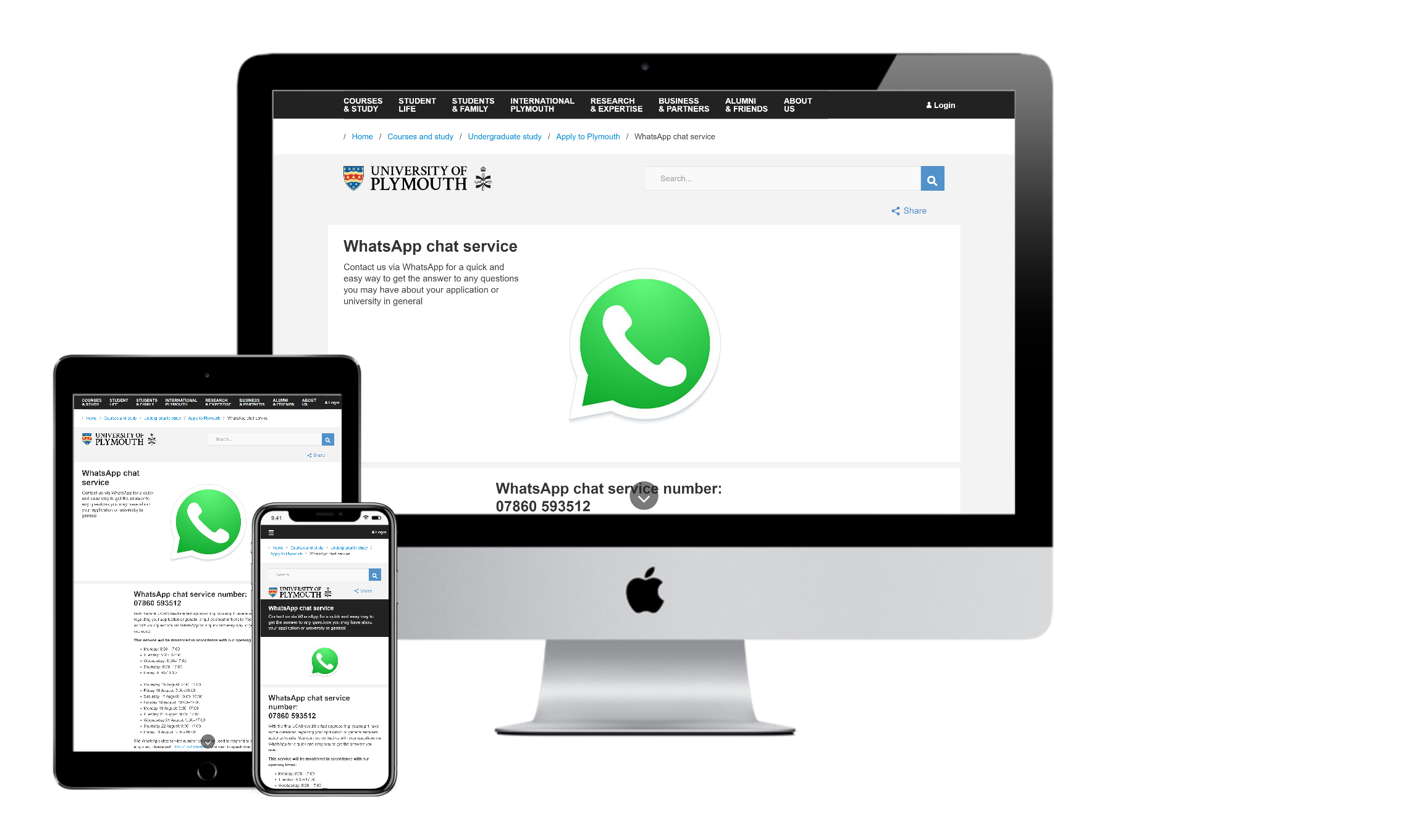 Image from the University of Plymouth website describing how they use whatsapp